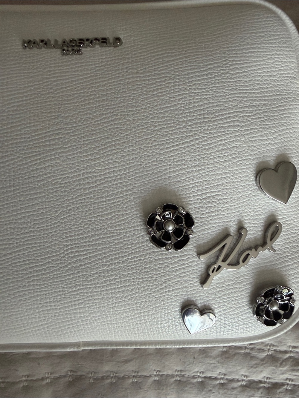 Karl Lagerfeld White Pebbled Crossbody Shoulder Bag w/ Iconic Logo Strap & Pouch - Picture 7 of 13